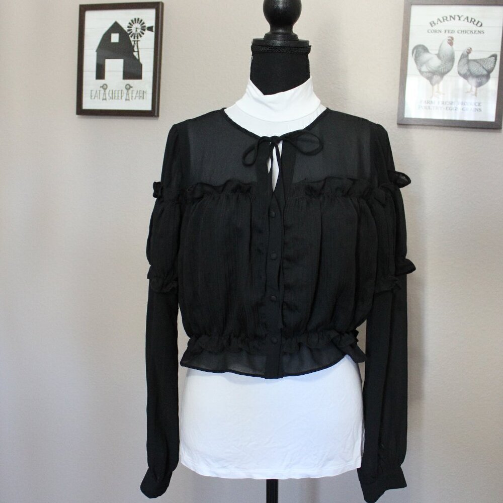 Line & Dot Womens Black Sheer Ruffle Button Down Cropped Blouse Size Medium NWT